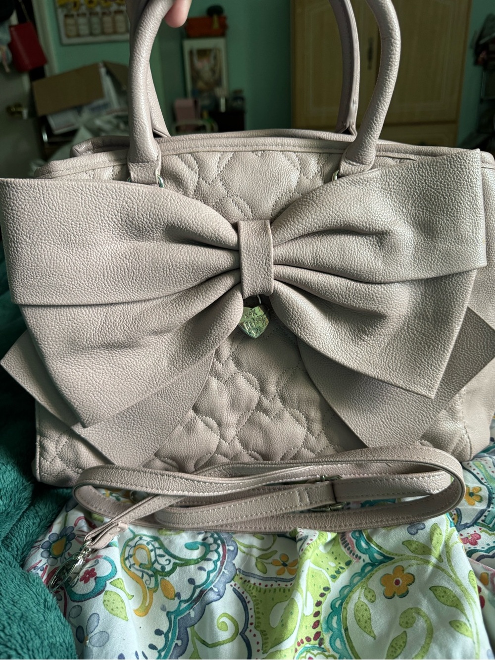 Betsey Johnson Quilted Heart Bow Satchel Handbag